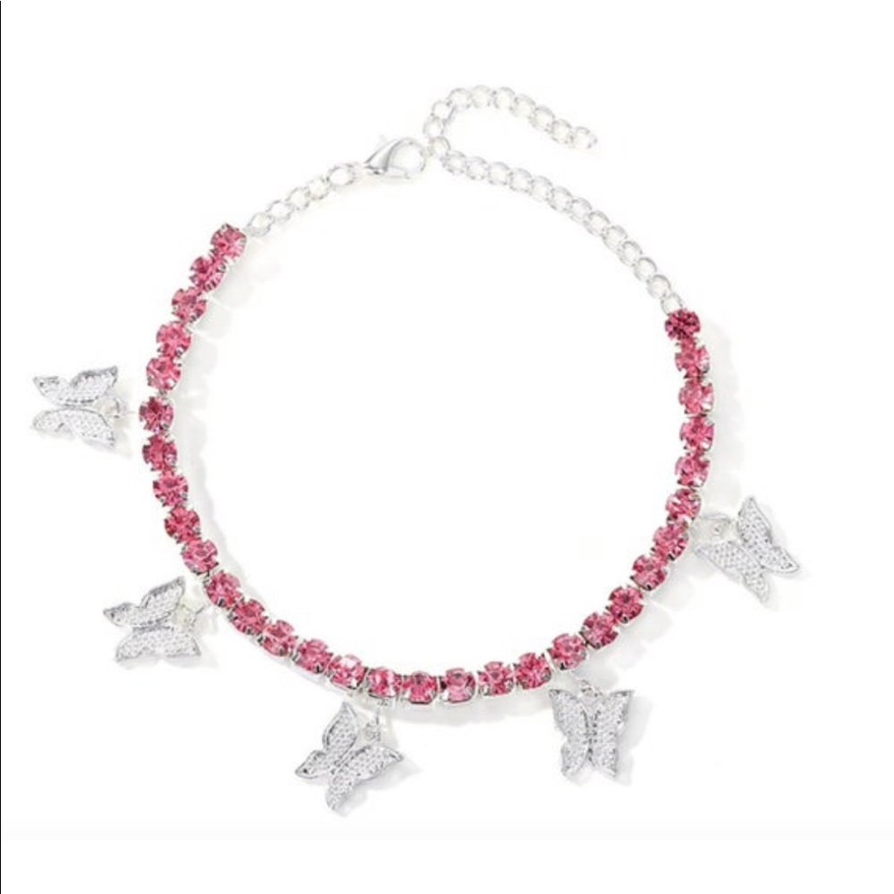 Butterfly Anklet Pink CZ and Silver Butterflies 🦋